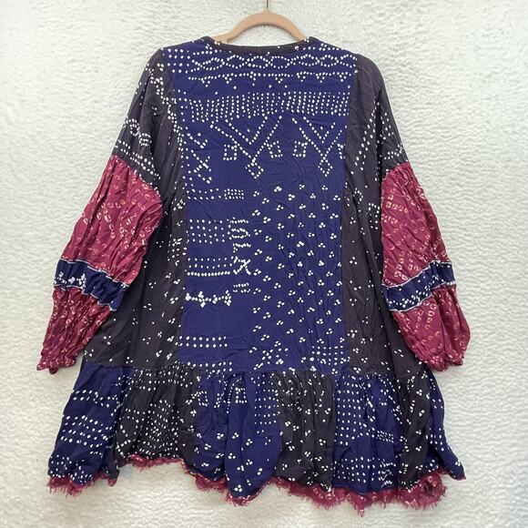 Free People Shirt Womens Large Blue Boho Tunic Henley Balloon Sleeve Ruffle Hem - Picture 2 of 12